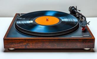 A record player with a black and orange record on it. The record player is on a wooden table photo