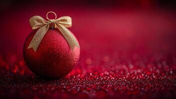 Bright red ornament shining on festive background. A red ornament with a gold bow sits atop a sparkling red surface, adding a festive touch for the holiday season. photo