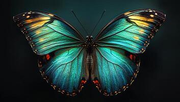 A butterfly with blue wings and orange spots. The butterfly is sitting on a black background. The butterfly is the main focus of the image photo
