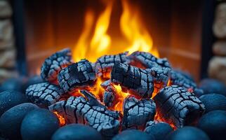 A pile of wood is burning in a fireplace, creating a warm and cozy atmosphere. The fire is orange and yellow, and the wood is black and grey. The scene is peaceful and relaxing photo