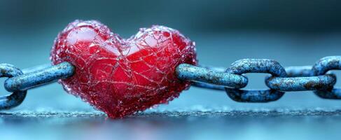A heart is attached to a chain. The heart is red and he is frozen. The chain is blue and he is rusty. Concept of sadness and loneliness photo
