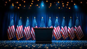 A podium with a single American flag on it. The flags behind the podium are all American. Scene is patriotic and solemn photo