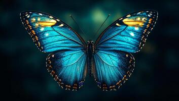 A blue butterfly with yellow spots on its wings. The butterfly is resting on a leaf. The image has a calm and peaceful mood photo