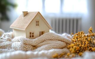 Cozy mini house with blanket and flowers. A small wooden house rests on a soft knitted blanket surrounded by delicate yellow flowers, creating a warm atmosphere. photo