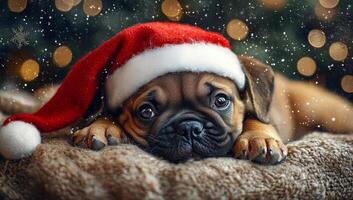 A small dog is wearing a red Santa hat and laying on a blanket. The dog appears to be looking at the camera with a sad expression photo