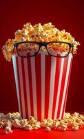A red and white popcorn bucket with a pair of glasses on top of it. The glasses are black and the popcorn is yellow photo