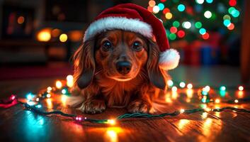 A dog is wearing a red hat and sitting in front of a Christmas tree. The scene is festive and joyful, with the dog looking at the camera photo