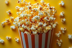 A large bowl of popcorn is sitting on a yellow background. The popcorn is in a paper bag with orange and white stripes photo