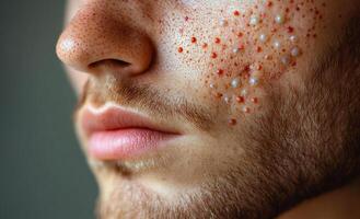 A man with a beard and red spots on his face. The spots are small and scattered, giving the impression of a rash or acne. The man's facial hair is visible, and he is looking at the camera photo