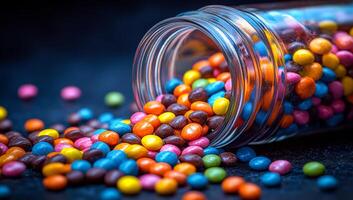 A jar of colorful candies is spilled out on a dark surface. The candies are of various colors and sizes, creating a vibrant and playful scene photo