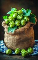 A bag of green asparagus is sitting on a table. The asparagus is fresh and green, and it looks like it's ready to be eaten photo