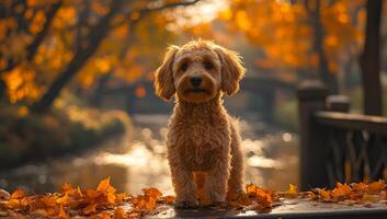 A small brown dog is standing on a bridge near a river. The dog is looking at the camera with a curious expression. The scene is peaceful and serene, with the leaves on the ground photo