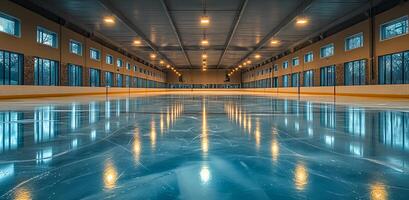 A large indoor ice rink with lights shining on the ice. The lights are on and the ice is very shiny photo