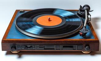 A record player with a blue and brown wooden base. The record is black and orange photo