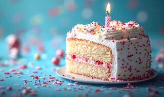 Yummy birthday cake with sprinkles. A vibrant blue background highlights a beautifully decorated birthday cake with pink frosting and colorful sprinkles. photo