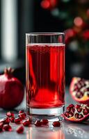 Pomegranate juice in a tall glass. A tall glass of vibrant pomegranate juice beside fresh pomegranates and seeds on a marble surface in soft light. photo