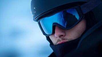 A man wearing a black helmet and blue goggles is standing in the snow. The goggles are designed to protect his eyes from the cold and snow, while the helmet provides additional protection for his head photo