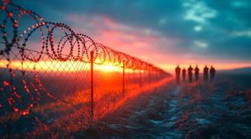 A group of people are walking along a fence line, with a sunset in the background. Scene is peaceful and serene, as the people seem to be enjoying the beautiful scenery photo