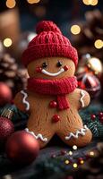 A gingerbread man with a red hat and scarf is smiling. The image is set in a Christmas setting with red decorations and ornaments photo