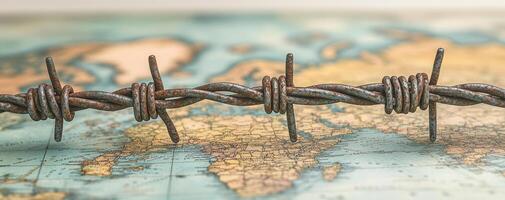 A barbed wire fence is placed on a map of the world. The fence is positioned in such a way that it is cutting off a portion of the map. Concept of restriction and limitation photo
