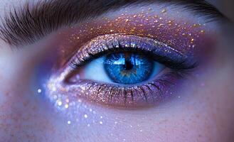 Vibrant, sparkling eye makeup close-up. Glistening eye makeup features vibrant colors and shimmering glitter, capturing attention with striking details. photo