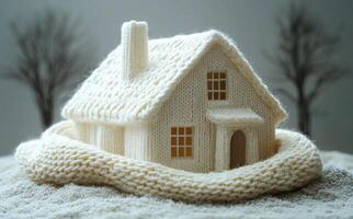 Soft-textured knitted house model. A knitted house model is displayed on soft fabric, creating a warm atmosphere, perfect for a cozy winter setting. photo