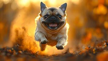 A small dog is running through the air, with its tongue hanging out and its eyes closed. The dog appears to be enjoying itself and is in a playful mood photo