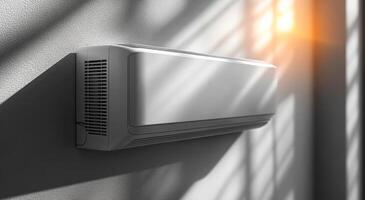 Air conditioning unit mounted on a wall indoors. An air conditioning unit is installed on a wall, casting shadows through the window in a bright indoor setting. photo