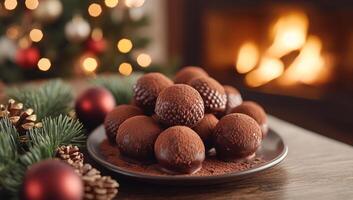 A plate of chocolate covered doughnuts sits on a table next to a Christmas tree. The plate is covered in chocolate and the doughnuts are piled on top of each other. The scene is festive and inviting photo