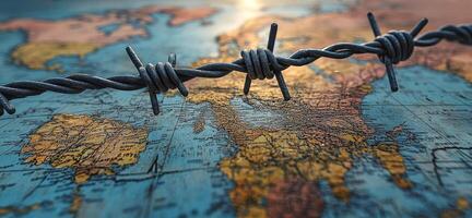 A map of the world with a barbed wire fence placed on it. Entry and exit into the country is prohibited. The map is blue and features various countries photo