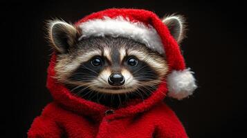 A raccoon wearing a red Santa hat and a red coat. The raccoon is smiling and looking at the camera photo