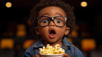 A young child wearing glasses and holding a bowl of popcorn. The child has an open mouth and is looking at the camera photo