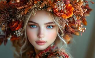 A woman wearing a flower crown and a red dress. She has blue eyes and a pale complexion photo