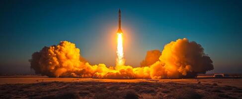 A rocket is launching into the sky, leaving a trail of smoke and fire behind it. The scene is filled with a sense of excitement and wonder as the rocket soars higher and higher into the atmosphere photo