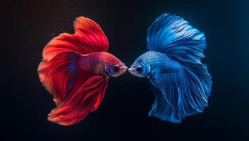 Vibrant betta fish in a dramatic standoff. Two vibrant betta fish in red and blue showcase their fins while facing off in an intense underwater duel. photo