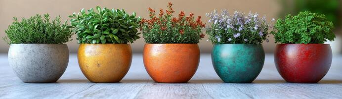 A row of colorful vases with plants in them. The vases are arranged in a line, with the first one being green and the last one being red. The plants in the vases are of different sizes and colors photo