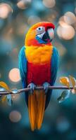 A colorful parrot is perched on a branch. The bird is bright and lively, with a mix of red, yellow, and blue feathers. The scene is set in a lush, green environment, with trees photo