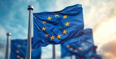 A blue flag with a yellow star on it is flying in the air. The flag is surrounded by other flags, creating a sense of unity and belonging. The image conveys a feeling of patriotism photo
