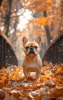 A small brown dog is standing in a pile of leaves. The dog is looking at the camera with a curious expression. The scene is set in a park or a forest, with trees and a bridge in the background photo