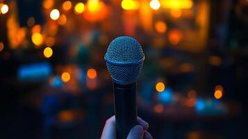 A hand holds a microphone in a vibrant, illuminated environment, suggesting an upcoming performance or event. photo