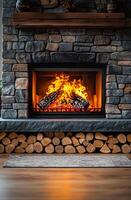 Autumn stone fireplace with logs nearby. A warm fire blazes in a stone fireplace with logs neatly arranged, creating a cozy atmosphere during autumn evenings. photo