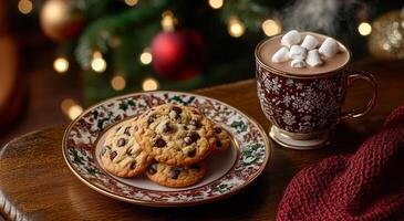 A plate of cookies and a mug of hot chocolate sit on a wooden table. The cookies are chocolate chip and the mug is decorated with snowflakes. The scene conveys a cozy and festive atmosphere photo