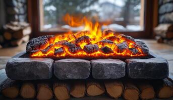 Cozy cabin fireplace with glowing embers. A warm and inviting fireplace with bright embers and a stack of firewood, perfect for a chilly evening in a cabin. photo