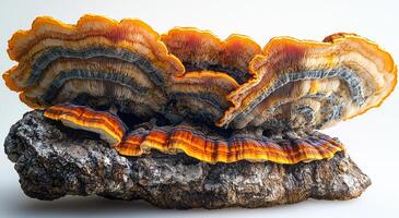 A large mushroom with orange and brown colors. The mushroom is on a rock. The rock is brown and has a rough texture photo
