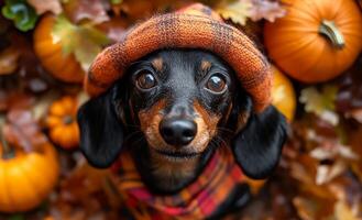 A black and brown dog wearing a red and orange hat and scarf is standing in front of a pile of pumpkins photo
