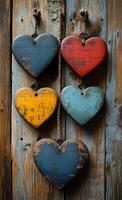 A row of wooden hearts hanging from a rope. The hearts are of different colors and sizes. Concept of warmth and love, as the hearts are arranged in a way that they seem to be embracing each other photo