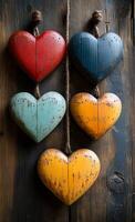 A row of wooden hearts hanging from a rope. The hearts are of different colors and sizes. Concept of warmth and love, as the hearts are arranged in a row, suggesting unity and togetherness photo