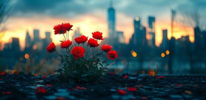 A small red flower is in the middle of a city. The flower is surrounded by a pile of red petals. The city is in the background, and the sky is blue photo