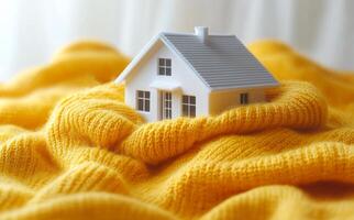 A small white house is sitting on a yellow blanket. The house is surrounded by a lot of yarn, giving it a cozy and warm feeling photo