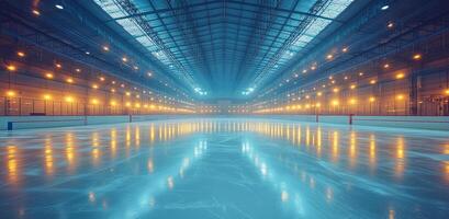A large indoor ice rink with lights shining on the ice. Scene is bright and energetic photo